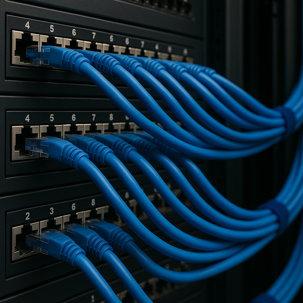 Cabos de rede azuis organizados em um switch, representando infraestrutura de conectividade profissional para empresas