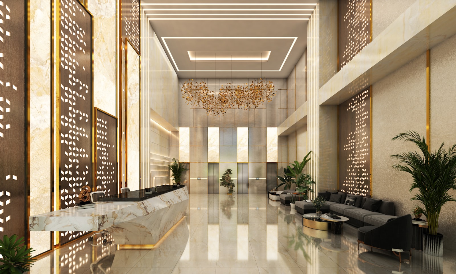 Lobby de hotel contemporâneo com recepção e áreas de atendimento integradas ao ambiente de hospitalidade